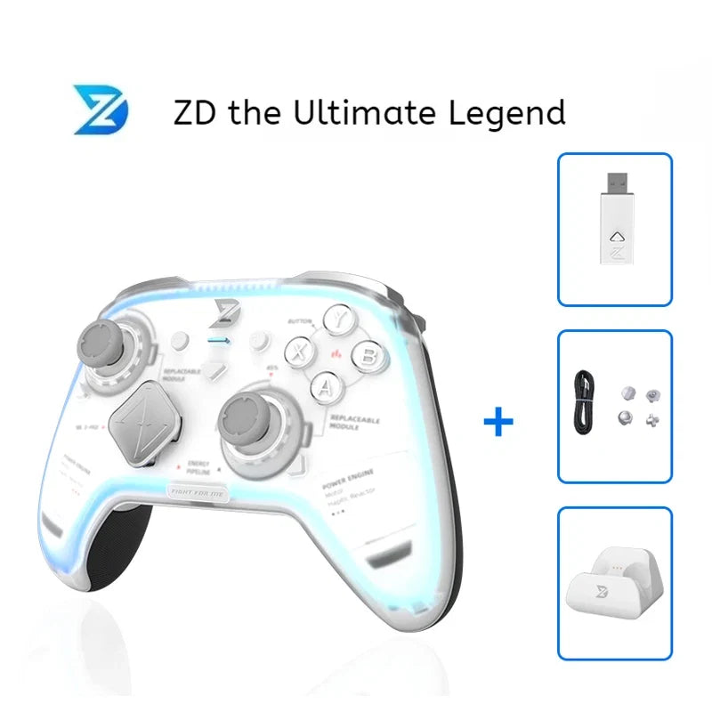 ZD Ultimate Game Controller RGB BT gamepad with white body and blue glow USB dongle and dock on Tampa Home & Garden Store