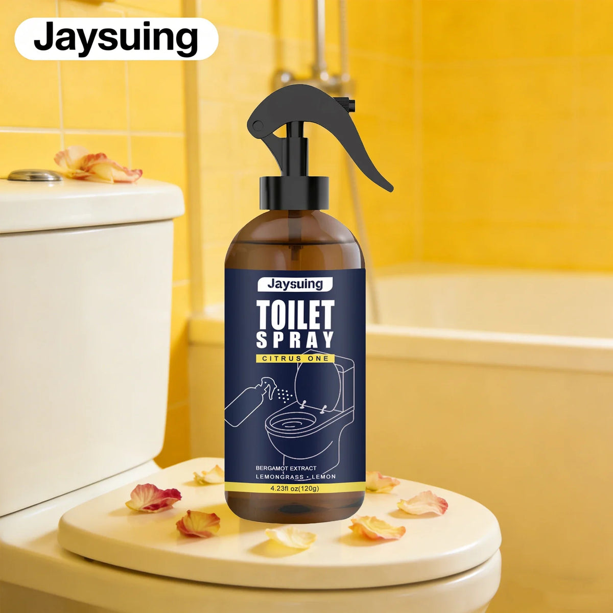 Toilet spray bottle amber with Jaysuing Bergamot Extract label and lemon-lemongrass scent on Tampa Home & Garden Store