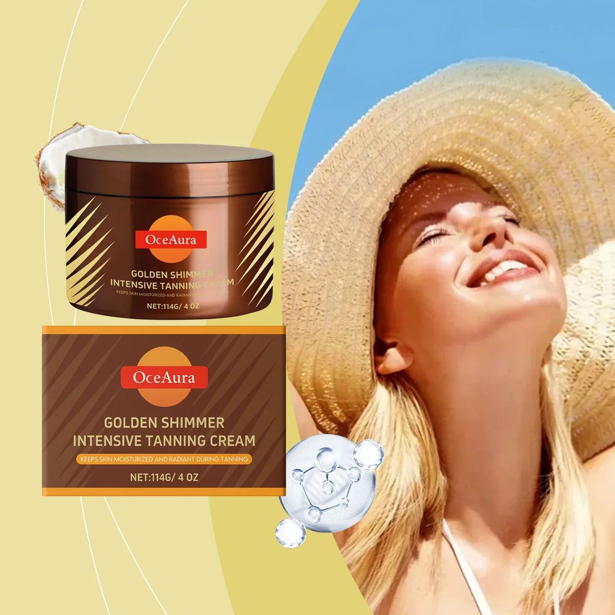 OceAura Golden Shimmer Intensive Tanning Cream jar and box with sunburst packaging on Tampa Home & Garden Store
