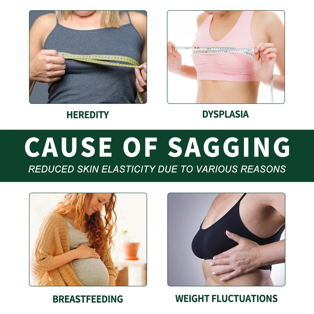 Rose Breast Essential Oil by Silcy Skin collage illustrating sagging causes: heredity, dysplasia, breastfeeding, weight fluctuations on Tampa Home & Garden Store