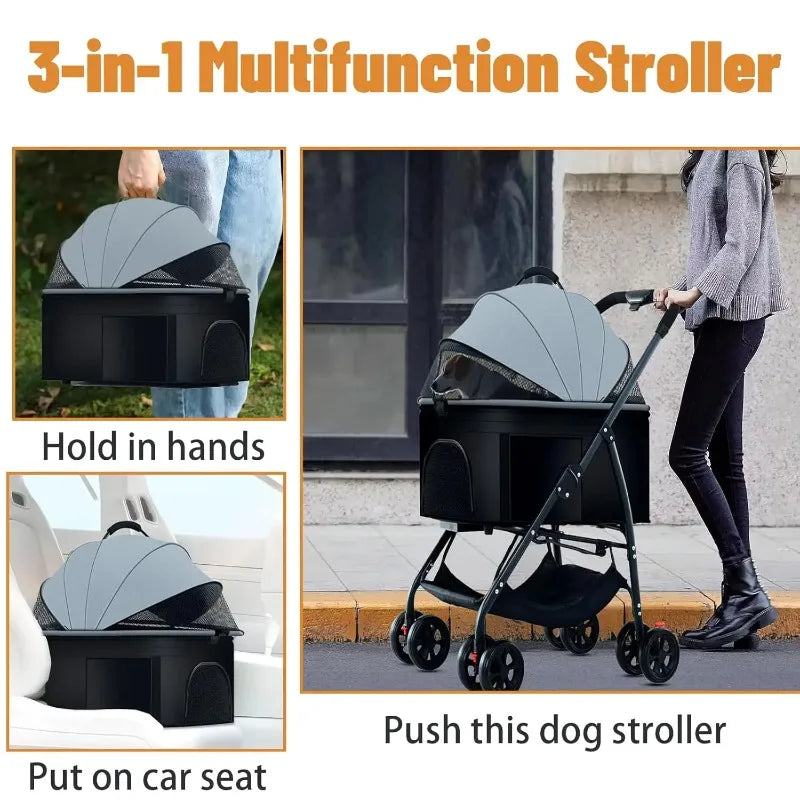 3-in-1 Pet Zen dog stroller with detachable carrier, gray canopy, black frame on Tampa Home & Garden Store