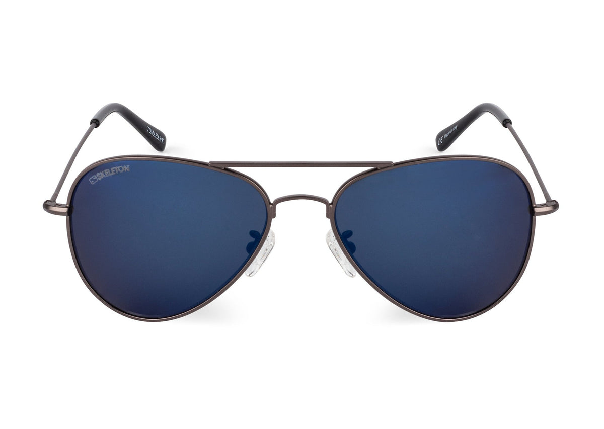 Tomahawk Original Edition sunglasses in bronze metal frame with blue lenses by Skeleton Optics on Tampa Home & Garden Store