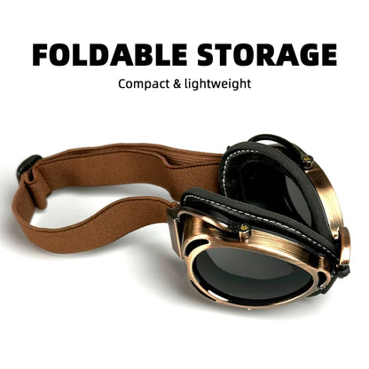 Motorcycle goggles vintage copper frame with dark lenses and brown strap on Tampa Home & Garden Store