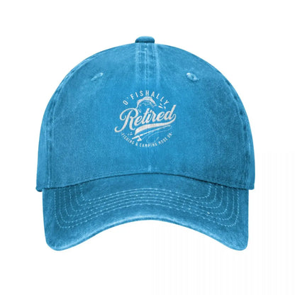 Blue washed denim cap with distressed texture and white circular Retired logo on front on Tampa Home & Garden Store