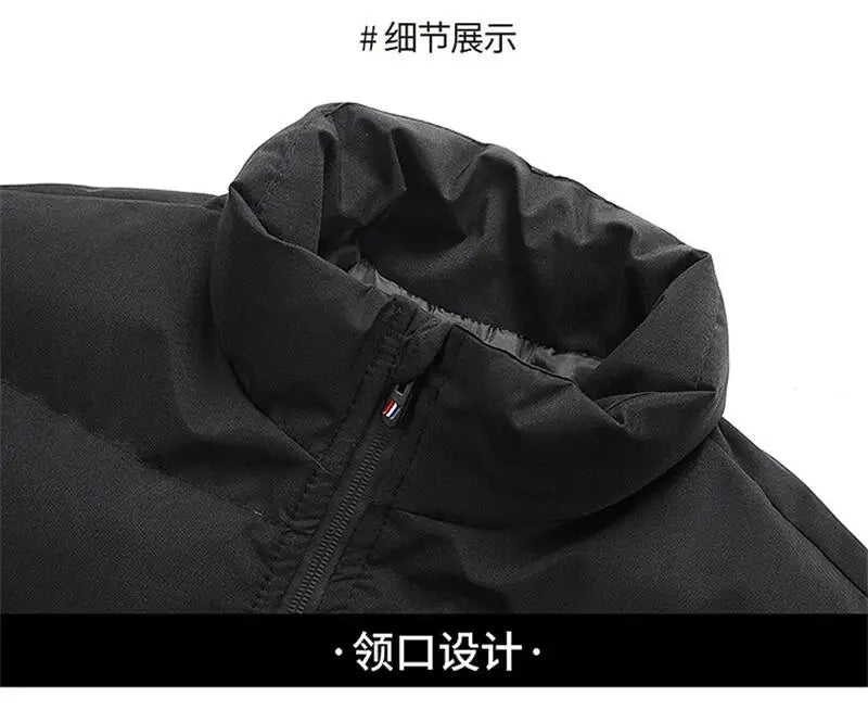 Men's black winter jacket with high collar zipper, thick warm puffer parka on Tampa Home & Garden Store