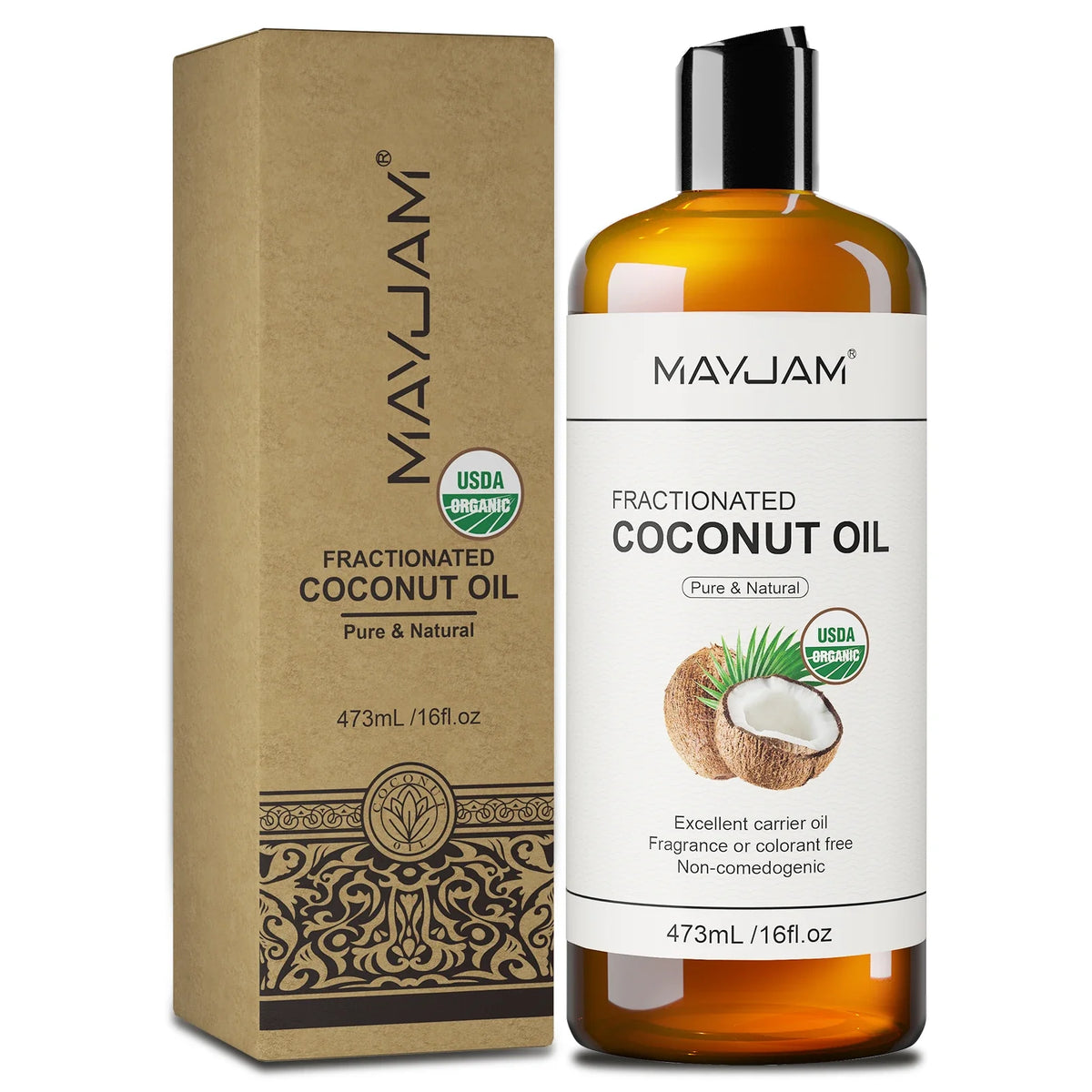 MayJAM Fractionated Coconut Oil bottle with USDA Organic label and matching box 473mL / 16fl oz on Tampa Home & Garden Store