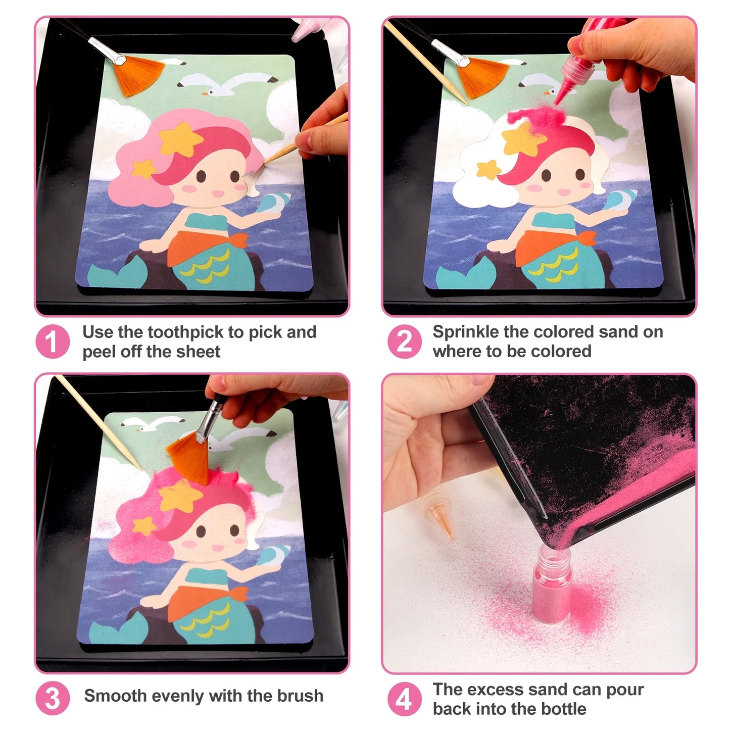 Sand art kit Perfecsy princess mermaid card with 14 colors; sprinkle pink sand on mermaid on Tampa Home & Garden Store