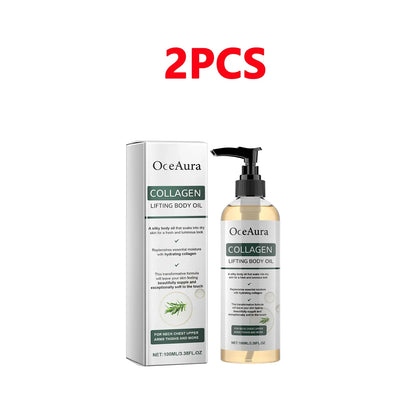 OceAura Collagen Lifting Body Oil, 2-piece set with white box and amber-tinted pump bottle on Tampa Home & Garden Store