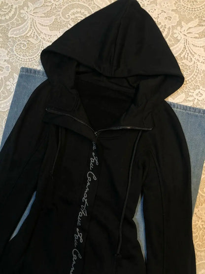 Harajuku black hooded zip-up hoodie with front and drawstrings on Tampa Home & Garden Store