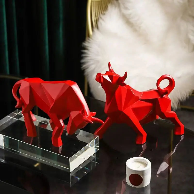Red geometric resin bull figurines; two polygonal bull statues for indoor decor, Perfecsy on Tampa Home & Garden Store