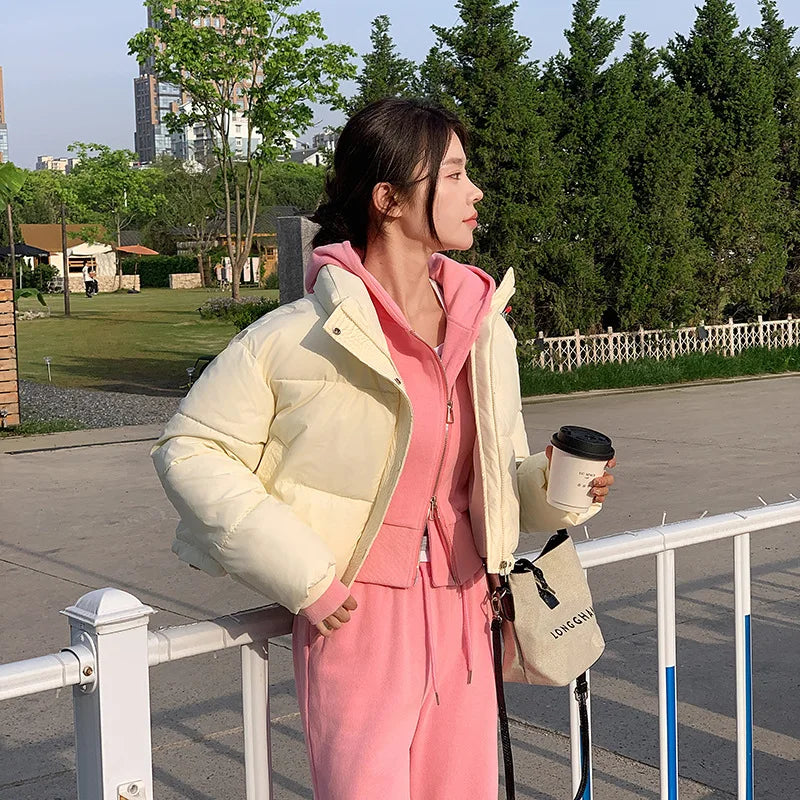Women Winter Cropped Cotton-Padded Puffer Coat, cream color worn over pink hoodie on Tampa Home & Garden Store
