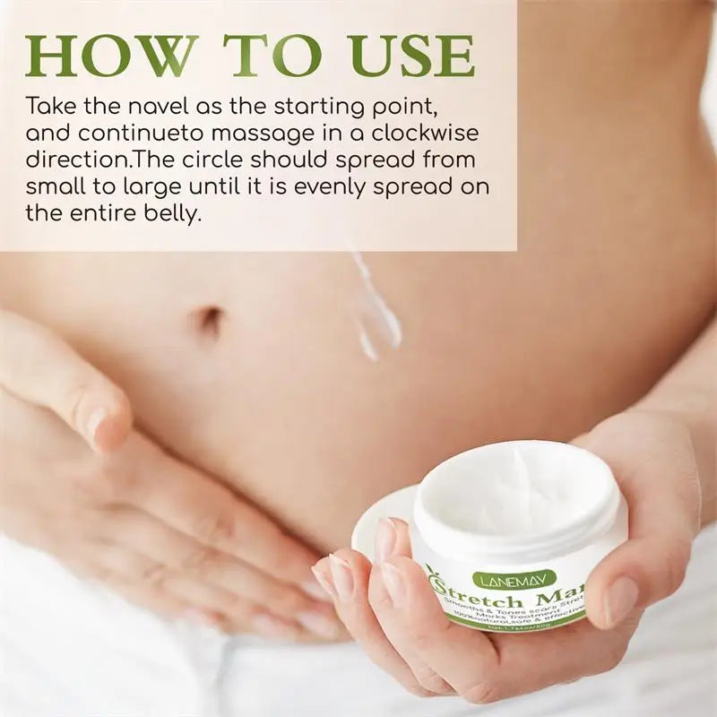 Stretch Marks Permanent Removal Cream for maternity in white jar held near pregnant belly on Tampa Home & Garden Store