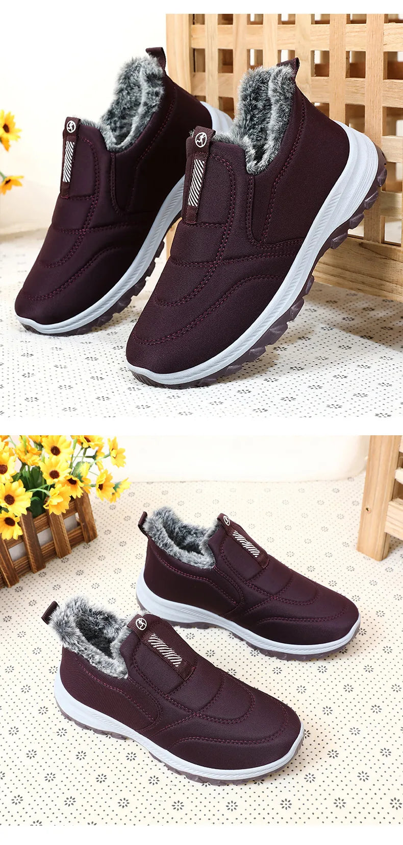 Women's Winter Snow Boots, burgundy cotton boots with grey faux fur lining and non-slip outsole on Tampa Home & Garden Store