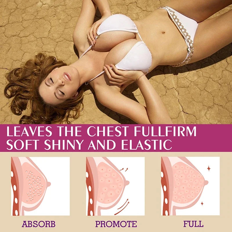 Breast enlargement oil by Silcy Skin with 3 panels; model in white bikini on desert ground on Tampa Home & Garden Store