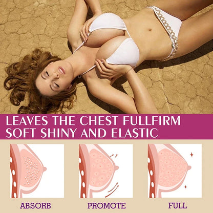 Breast enlargement oil by Silcy Skin with 3 panels; model in white bikini on desert ground on Tampa Home & Garden Store