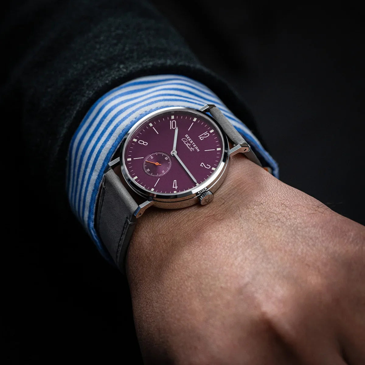 Men's Ultra-Thin Automatic Dress Watch purple dial, stainless steel case, grey strap on Tampa Home & Garden Store