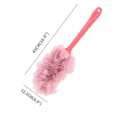 Long-handle pink back scrub brush with soft mesh head by Silcy Skin for bath/shower on Tampa Home & Garden Store