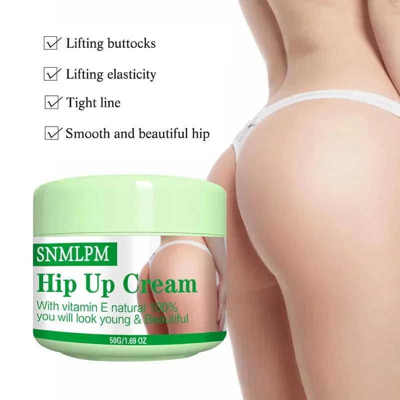 Silcy Skin Hip Up Cream jar with green lid beside a model’s hip, promoting butt lift and firming on Tampa Home & Garden Store