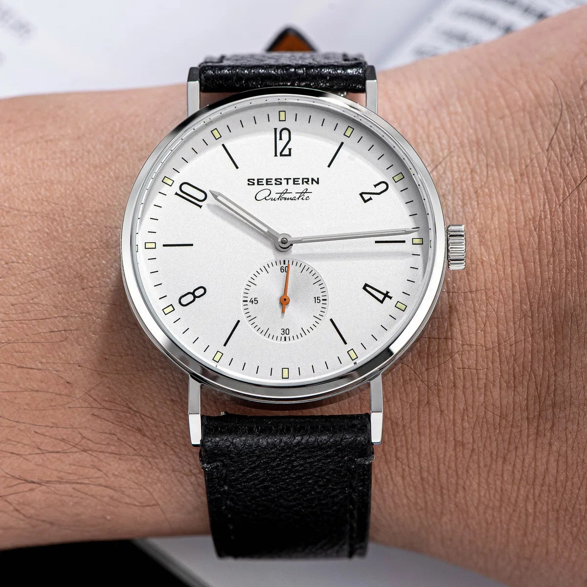 Men's Ultra-Thin Automatic Dress Watch stainless steel case black leather strap white dial UpTrend Deals on Tampa Home & Garden Store