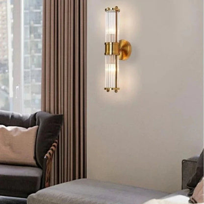 Perfecsy modern LED wall lamp with brass gold finish and crystal tubes on Tampa Home & Garden Store