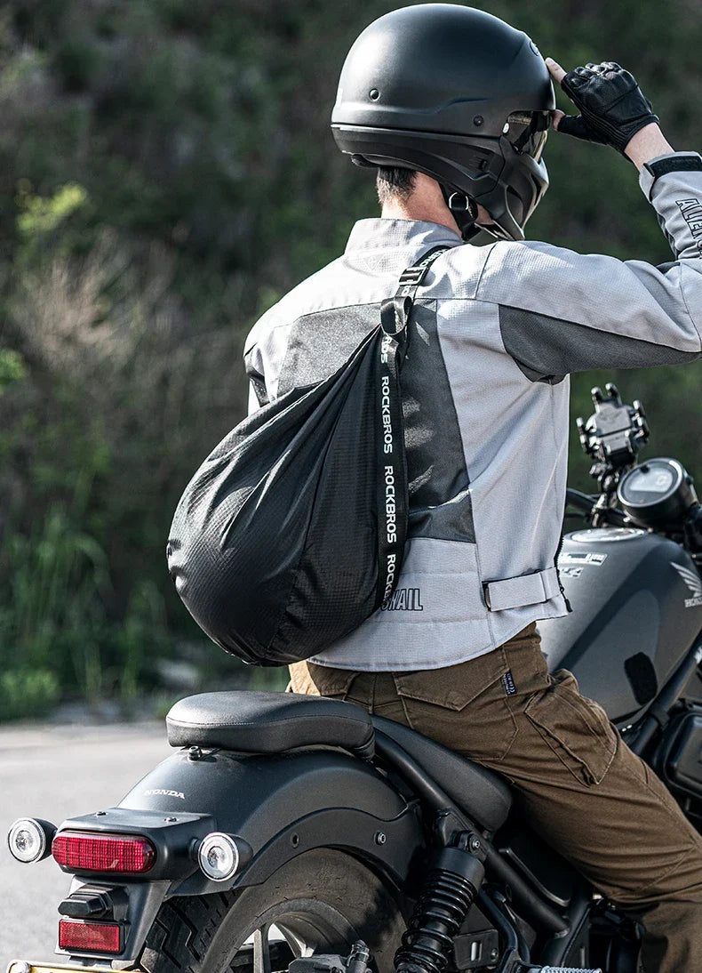 Motorcycle helmet backpack capacity bag black with reflective accents worn by rider ROCKERS on Tampa Home & Garden Store