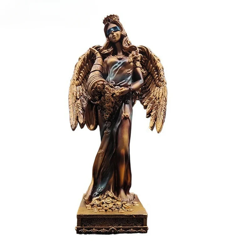 New Greek Goddess of Wealth resin statue with gold wings and flowing gown on coin-studded base on Tampa Home & Garden Store