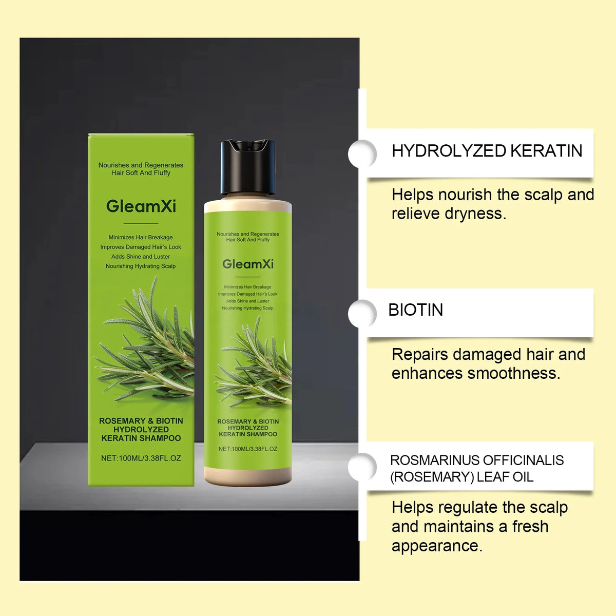 GleamXi rosemary biotin hydrolyzed keratin shampoo bottle and box with rosemary Silcy Skin on Tampa Home & Garden Store