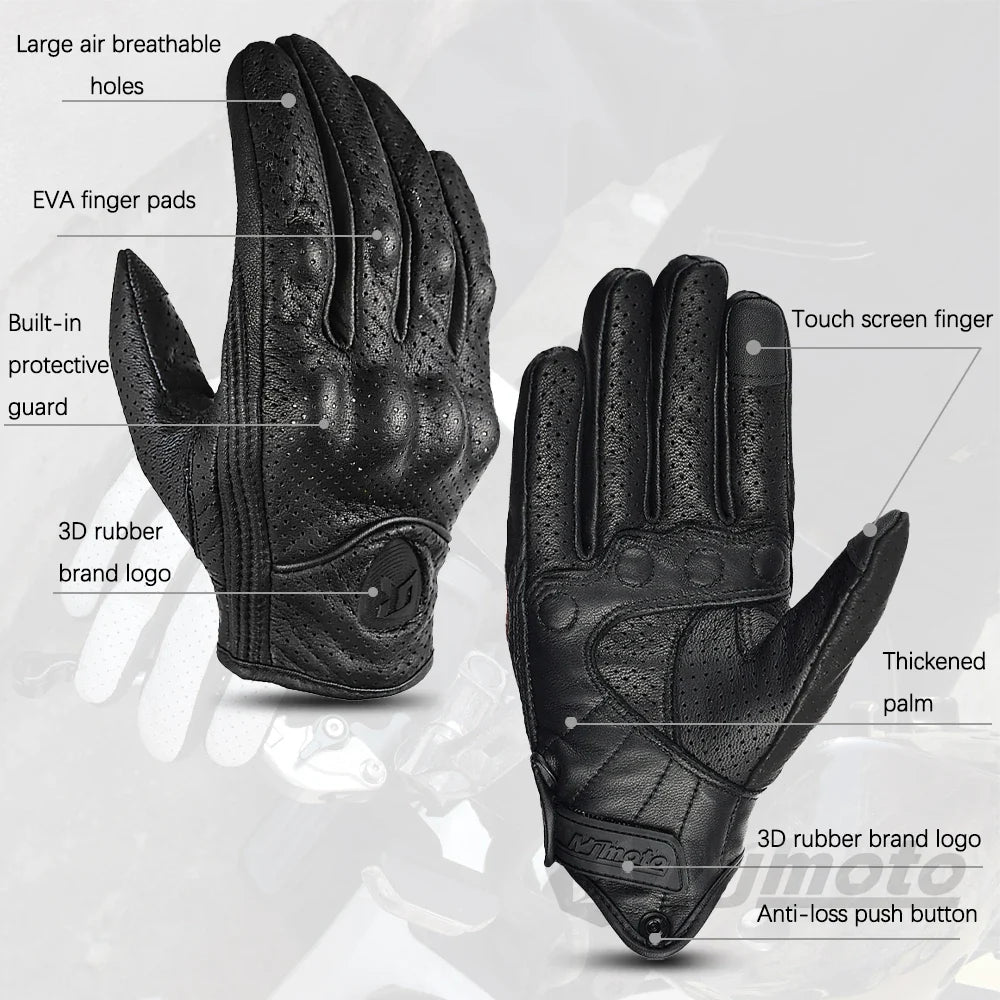 Leather Gloves Retro Biker by BikerZoneZ, black perforated leather pair with guard on Tampa Home & Garden Store