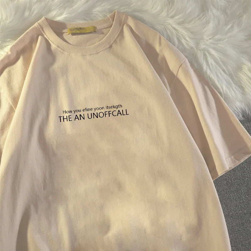 Men's Summer Letter Print T-Shirt by UpTrend Deals in light pink beige with black print on chest on Tampa Home & Garden Store