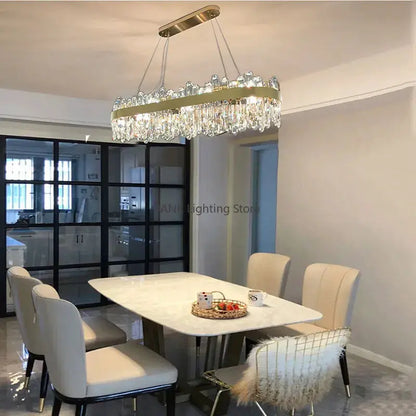 DecorBites Luxe Crystal Chandelier LED pendant light with gold frame and crystal prisms on Tampa Home & Garden Store