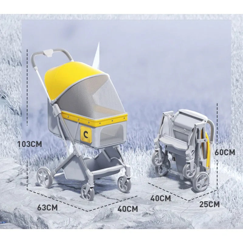 Pet Zen foldable pet stroller with yellow canopy and breathable mesh two shown on Tampa Home & Garden Store