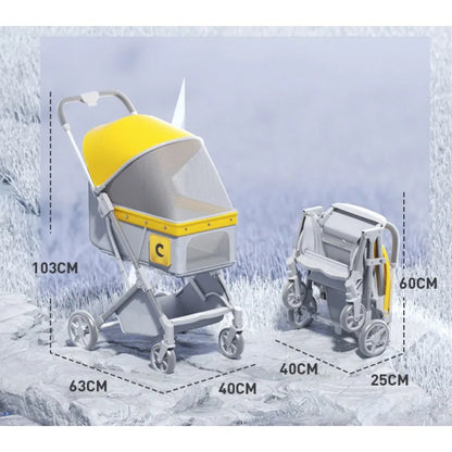 Pet Zen foldable pet stroller with yellow canopy and breathable mesh two shown on Tampa Home & Garden Store