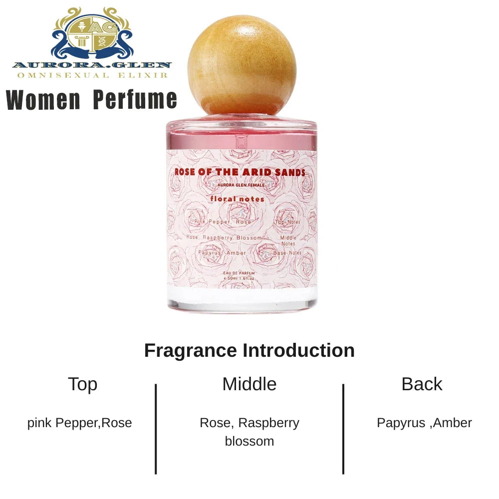 Arabian Oud Rose of the Arid Sands perfume bottle with label, pink liquid, wooden globe cap on Tampa Home & Garden Store