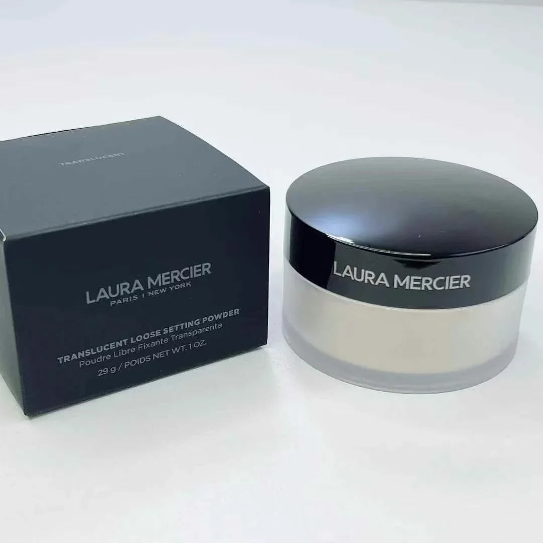 Laura Mercier translucent loose setting powder box and frosted jar with black cap on Tampa Home & Garden Store