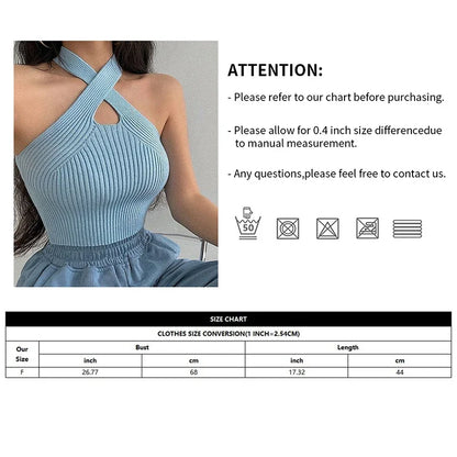 Women's halter crop top by UpTrend Deals; knitted blue ribbed fabric with cross-back straps on Tampa Home & Garden Store