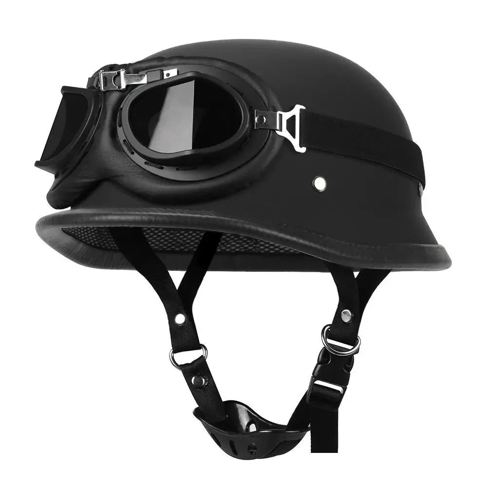DOT certified half helmet in matte black with retro goggles and adjustable chin strap on Tampa Home & Garden Store
