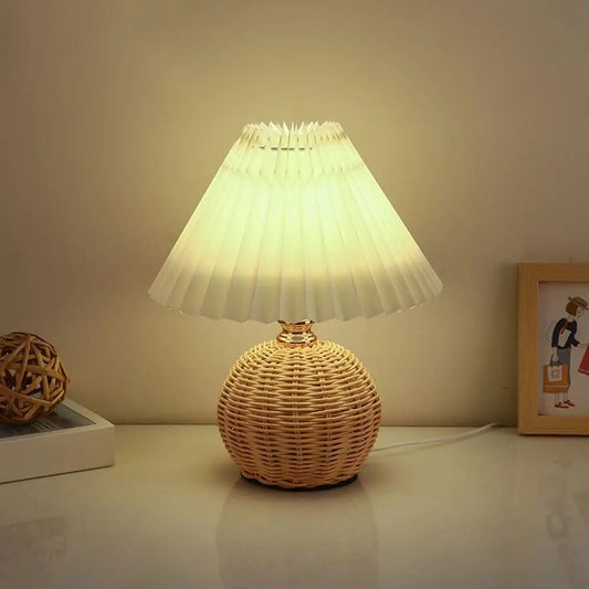 Pleated Fabric Bedside Table Lamp USB LED Light Retro Rattan Shade for Home Decor - Tampa Home & Garden Store