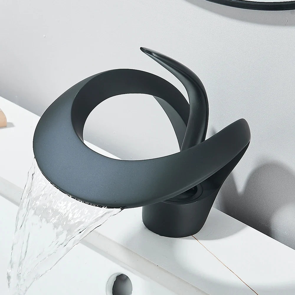 Solid brass waterfall basin faucet Silcy Skin matte black circular ring, single handle on Tampa Home & Garden Store