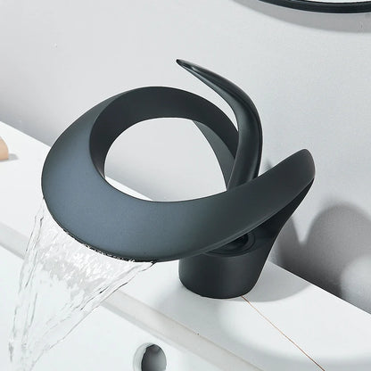 Solid brass waterfall basin faucet Silcy Skin matte black circular ring, single handle on Tampa Home & Garden Store