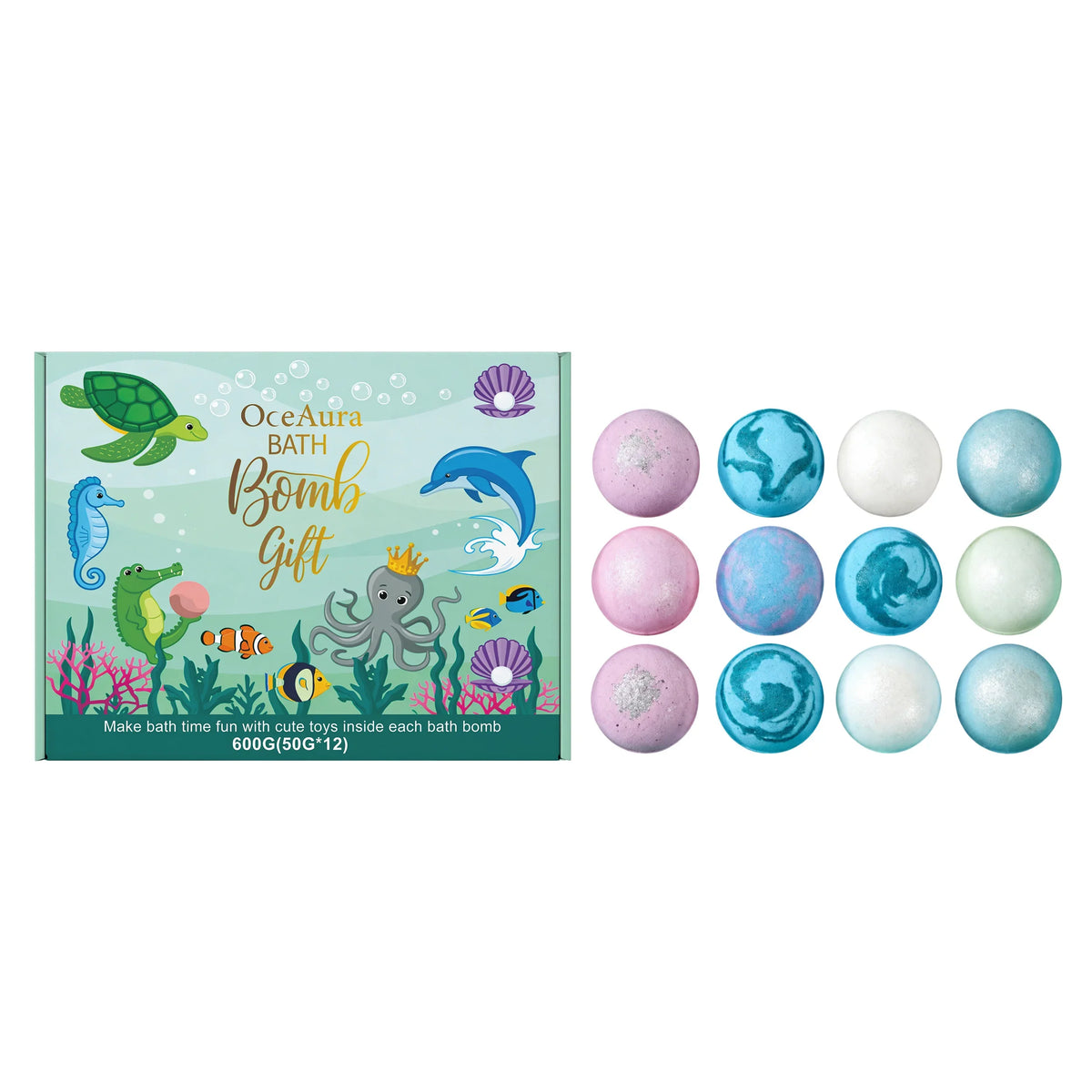 12-piece bath bomb gift set with colorful marbled spheres beside an ocean-themed box on Tampa Home & Garden Store