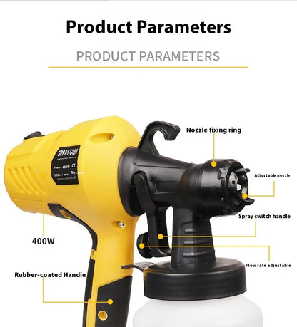 Portable yellow 400W electric paint sprayer handheld spray gun with rubber-coated handle on Tampa Home & Garden Store