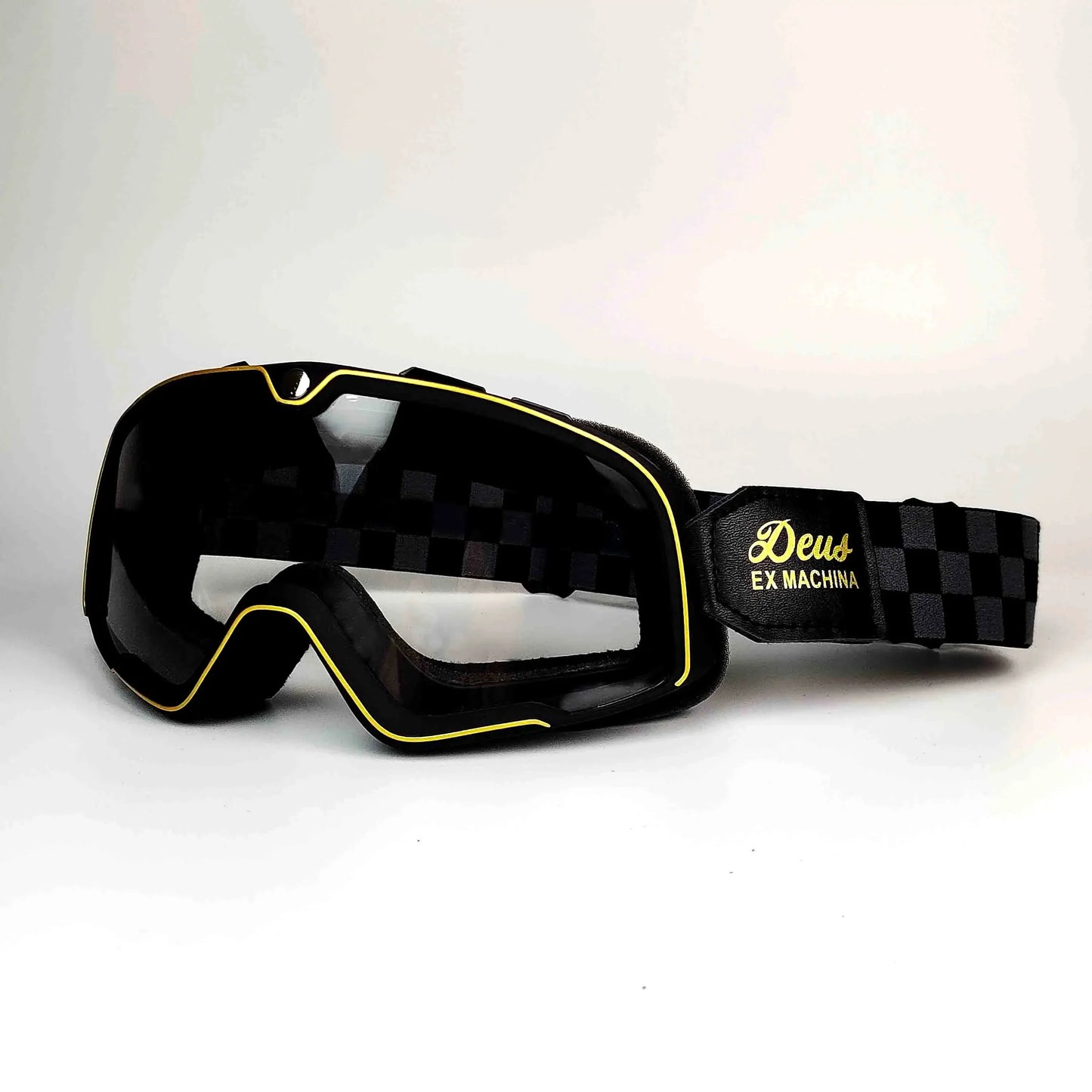 Retro motocross goggles by BikerZoneZ, black frame with yellow trim and checker strap on Tampa Home & Garden Store