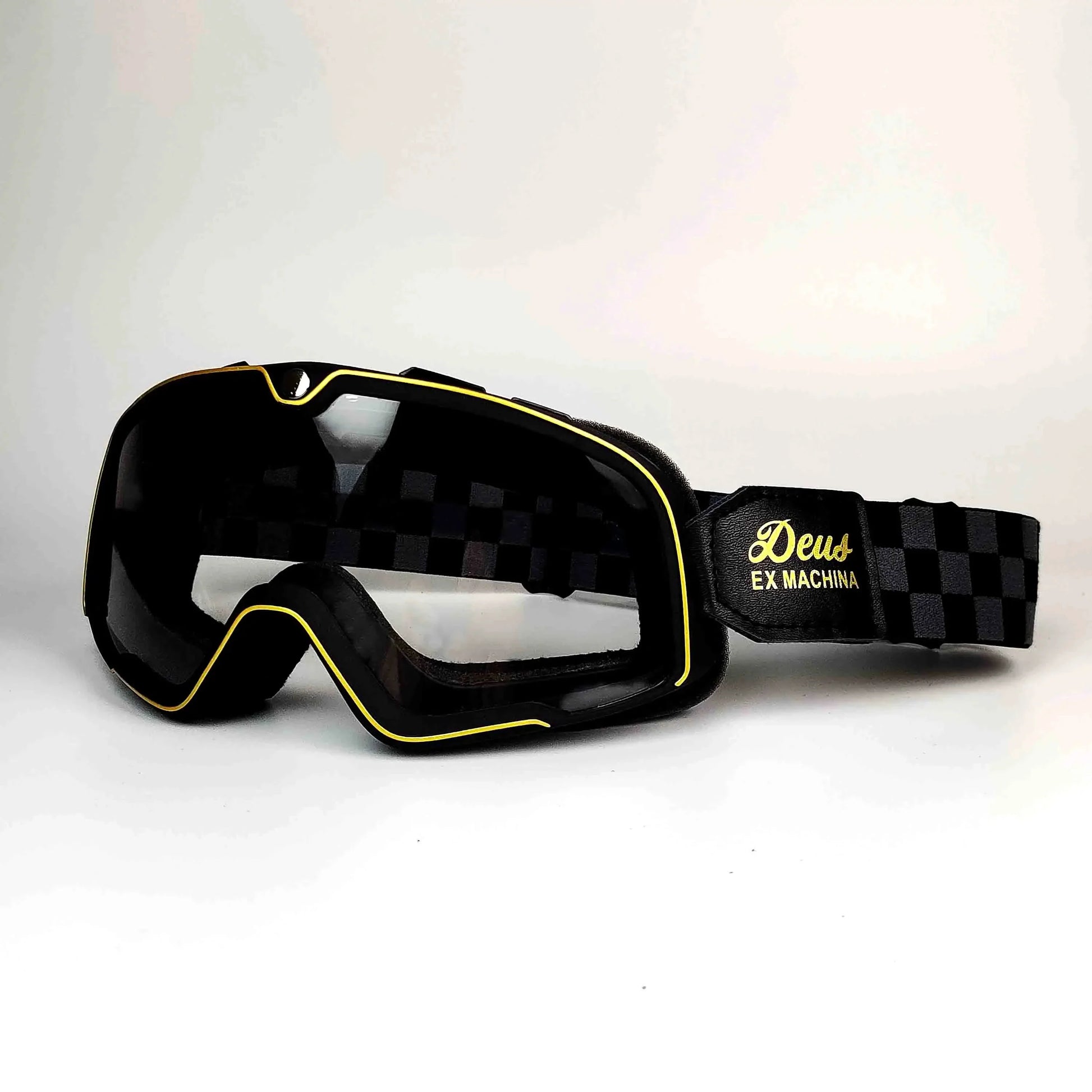 Retro motocross goggles by BikerZoneZ, black frame with yellow trim and checker strap on Tampa Home & Garden Store