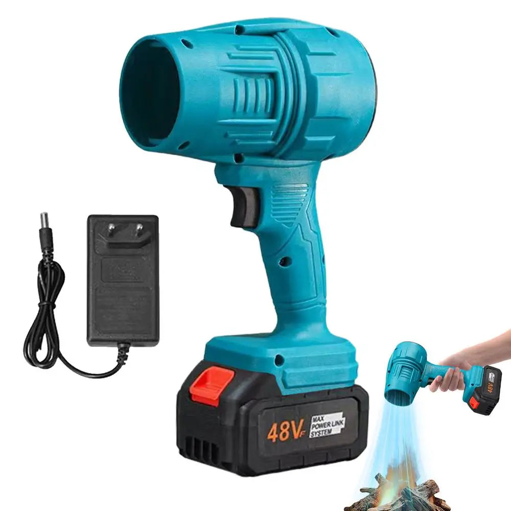 Cordless Mini Air Blower teal handheld jet fan with 48V battery and charger on Tampa Home & Garden Store