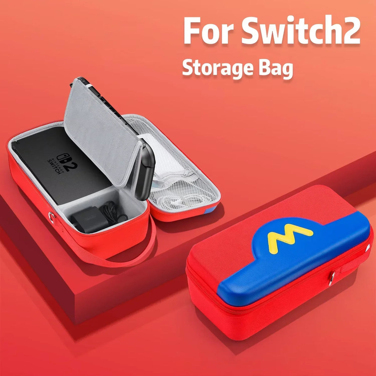 Switch 2 EVA hard-shell storage bag, red exterior, gray interior holds Switch 2 + accessories on Tampa Home & Garden Store