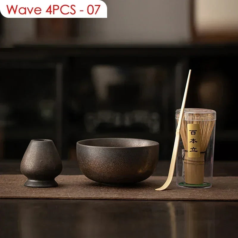 4-piece Japanese matcha tools set with bamboo whisk, wooden scoop, dark ceramic bowl on Tampa Home & Garden Store