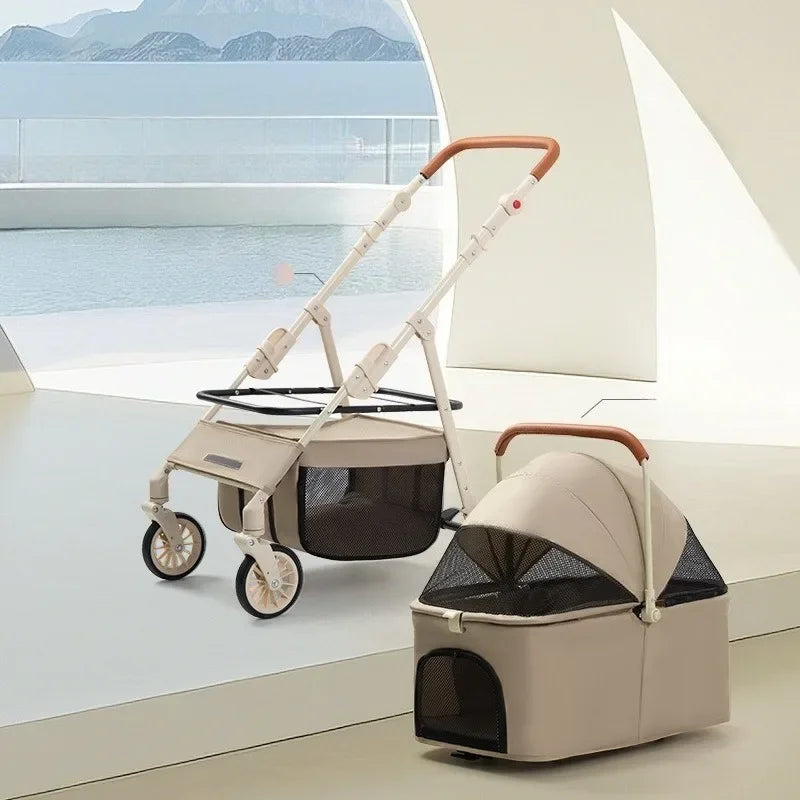 Pet Zen 3-in-1 pet stroller with detachable carrier, beige, one-hand fold, 4-wheel brakes for pets on Tampa Home & Garden Store