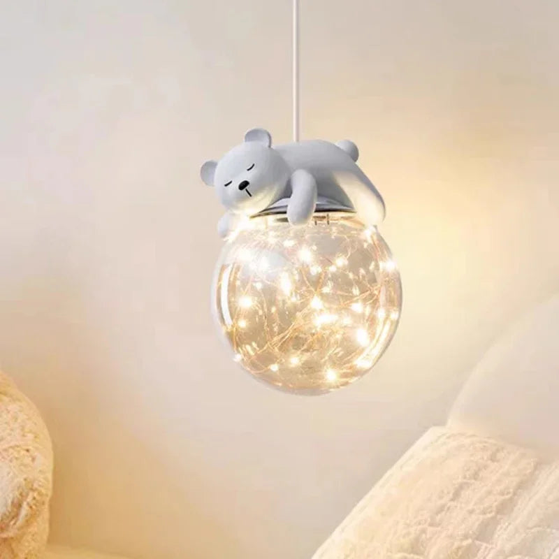 DecorBites kids LED pendant light with white bear bunny on a glass globe of fairy lights on Tampa Home & Garden Store