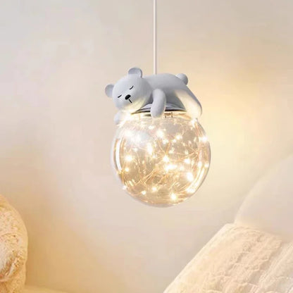 DecorBites kids LED pendant light with white bear bunny on a glass globe of fairy lights on Tampa Home & Garden Store