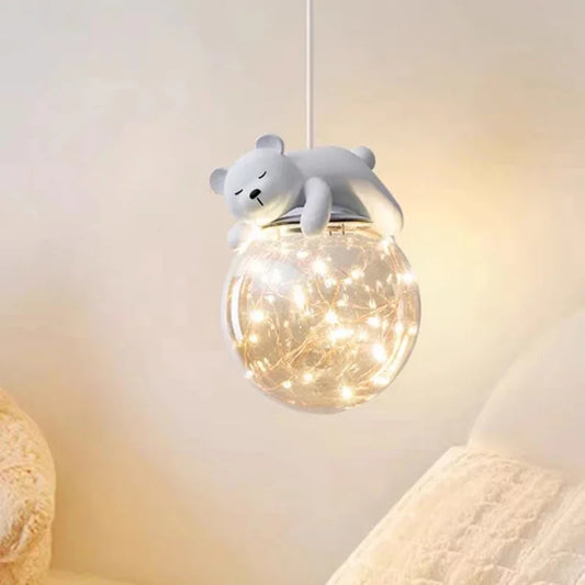 DecorBites kids LED pendant light with white bear bunny on a glass globe of fairy lights on Tampa Home & Garden Store